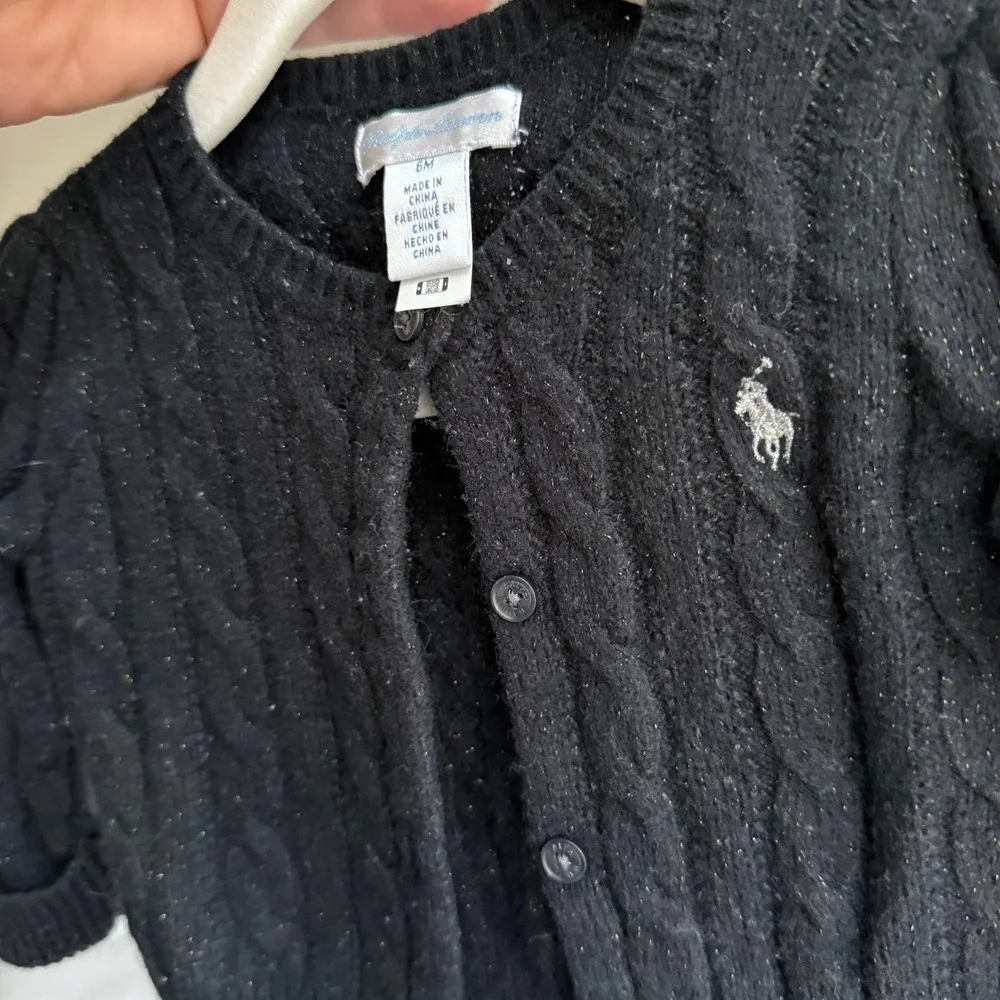 Ralph Lauren Baby Girl Black Cable Knit Shimmer Cardigan Silver Pony Logo 6M